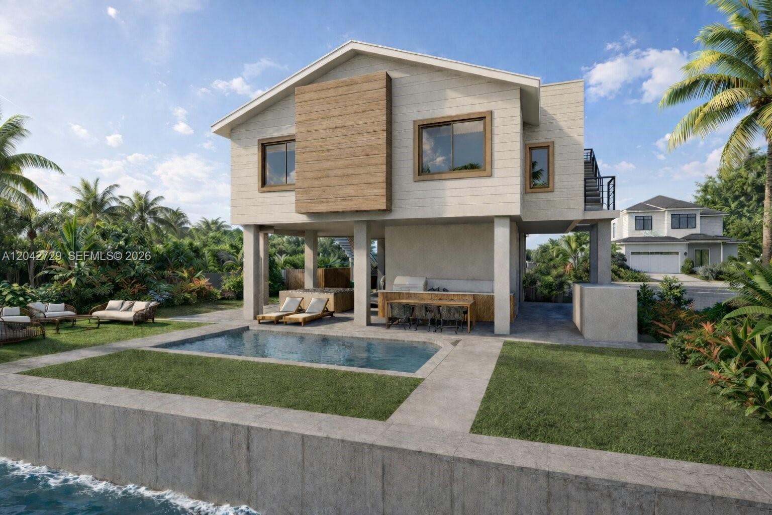 This is a rendering of a two-story stilt house with a pool and outdoor kitchen — 193 Galleon Ln, Lower Keys FL 33042, LOWER KEYS, FL