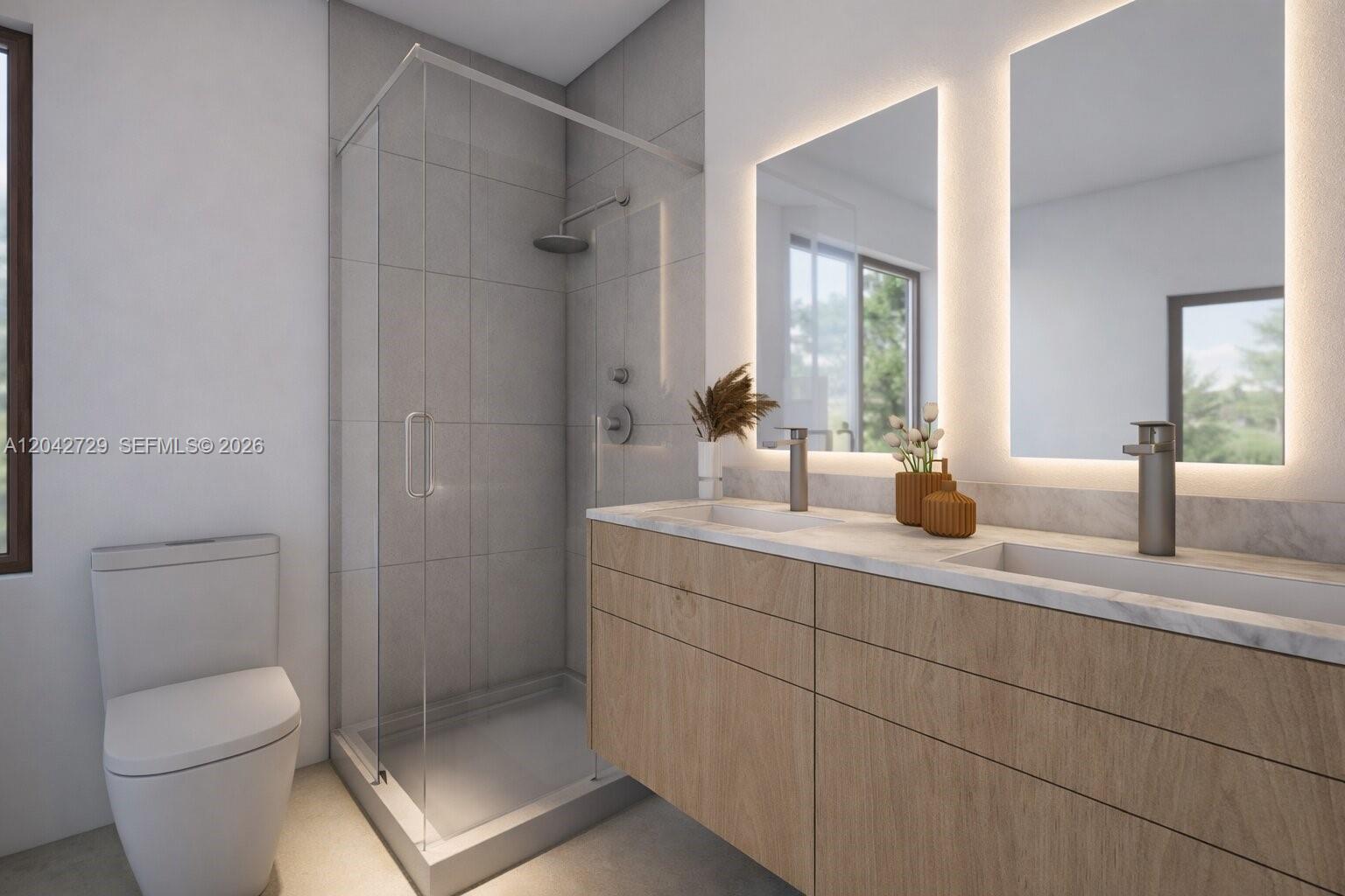 This rendering shows a modern bathroom with a glass shower, double vanity, and backlit mirrors — 193 Galleon Ln, Lower Keys FL 33042, LOWER KEYS, FL