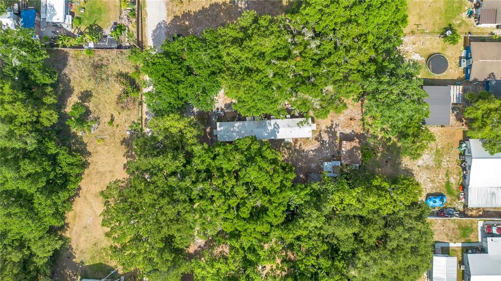 An aerial view shows a rectangular house nestled among large trees on a grassy lot — 124 6TH WAHNETA STREET W, WINTER HAVEN, FL