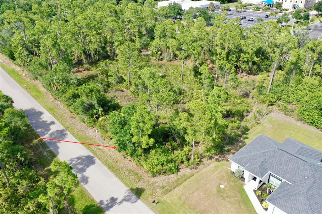 An aerial view shows a vacant, wooded residential lot adjacent to a paved road — 1214 BLALOCK STREET, PORT CHARLOTTE, FL