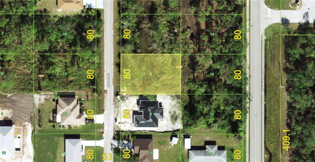 This is an aerial map showing a highlighted vacant residential lot between two existing houses — 1214 BLALOCK STREET, PORT CHARLOTTE, FL