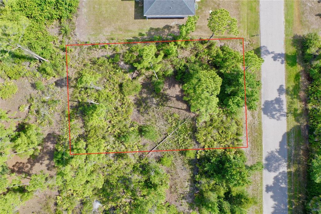 An aerial view shows a rectangular, wooded vacant lot outlined in red next to a road — 1214 BLALOCK STREET, PORT CHARLOTTE, FL