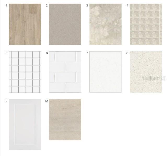 A grid of ten material samples for interior design finishes including flooring, tile, and cabinetry — 13450 MANAROLA WAY, ENGLEWOOD, FL