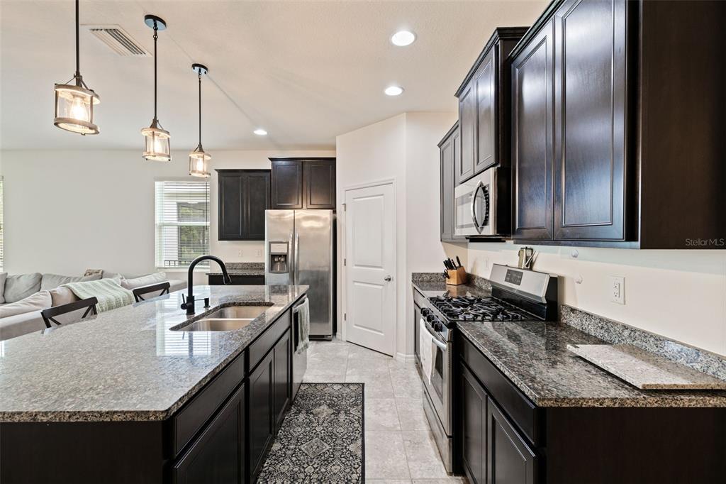 A kitchen features dark wood cabinets, granite countertops, stainless steel appliances, and a central island — 7533 LANTERN PARK AVENUE, APOLLO BEACH, FL