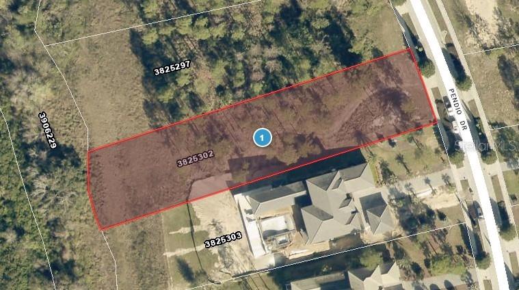 This is an aerial map showing a highlighted vacant lot next to a residential street — 16401 PENDIO DRIVE, BELLA COLLINA, FL