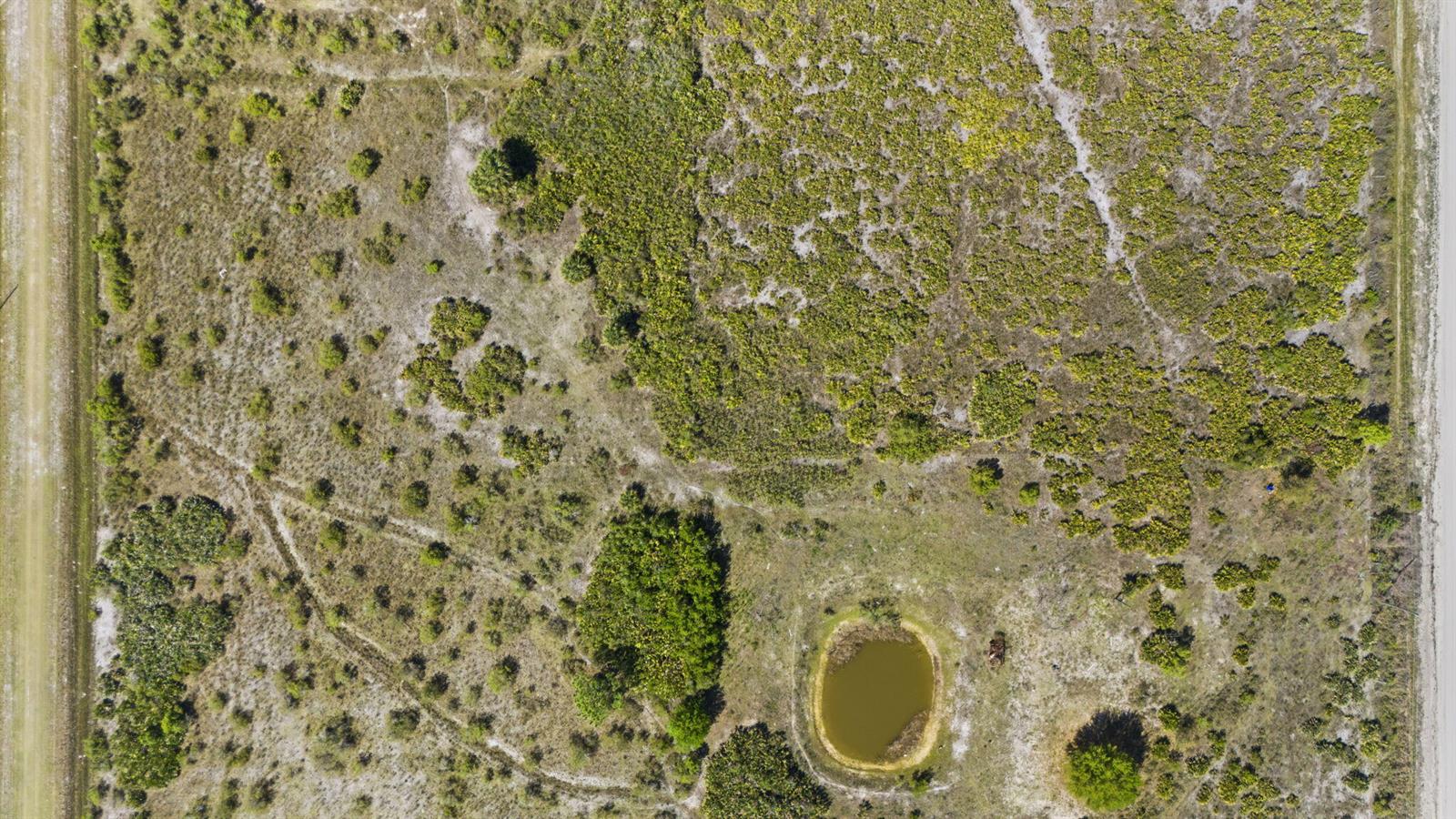 An aerial view shows a vacant, grassy lot with scattered shrubs and a small pond — 19050 NW 256th Street, Okeechobee FL 34972, OKEECHOBEE, FL