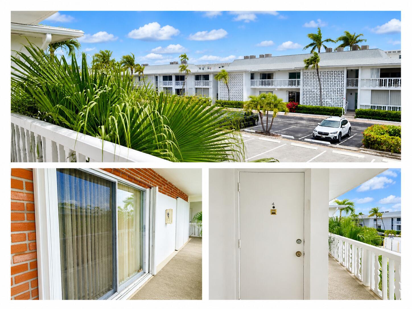 A multi-panel view shows a white apartment building exterior, a balcony, and a unit door — 4501 S Ocean Boulevard # D4, South Palm Beach FL 33480, SOUTH PALM BEACH, FL