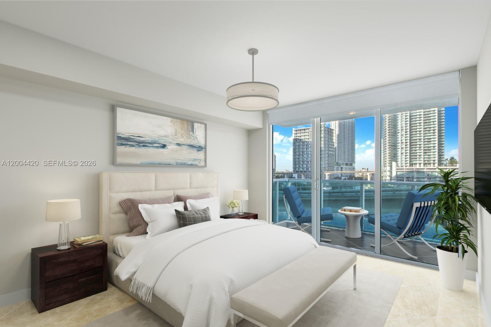 This is a rendering of a modern bedroom with a balcony overlooking city high-rises — 31 SE 5th St # 4121, Miami FL 33131, MIAMI, FL