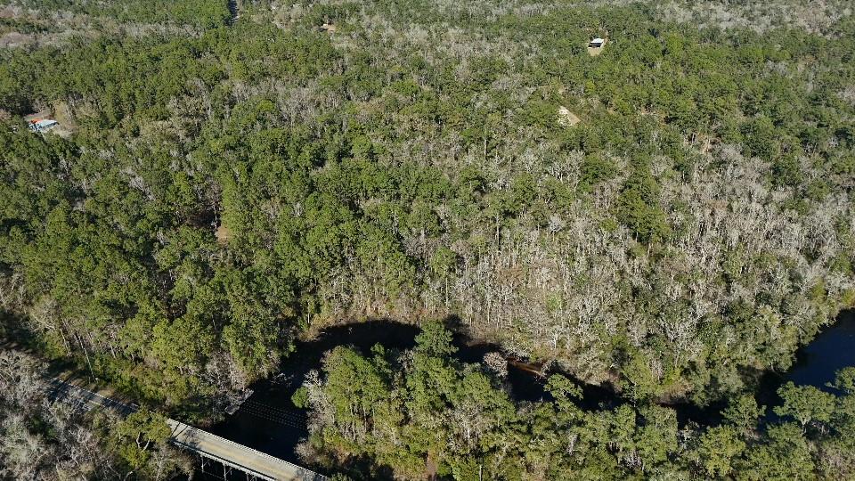 An aerial view shows a wooded landscape with a bridge crossing a river — CHEROKEE DRIVE, SOPCHOPPY, FL