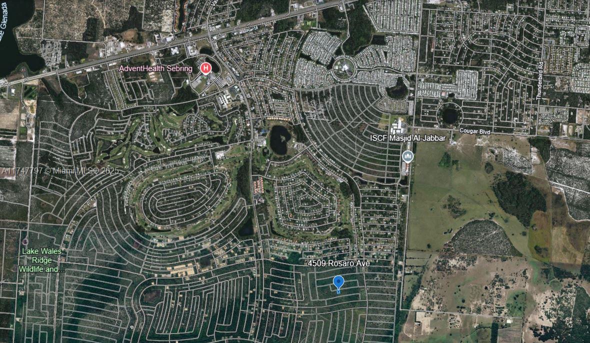 This is an aerial map view of a residential neighborhood in Sebring, Florida — 4509 Rosaro Ave, Sebring FL 33872, SEBRING, FL