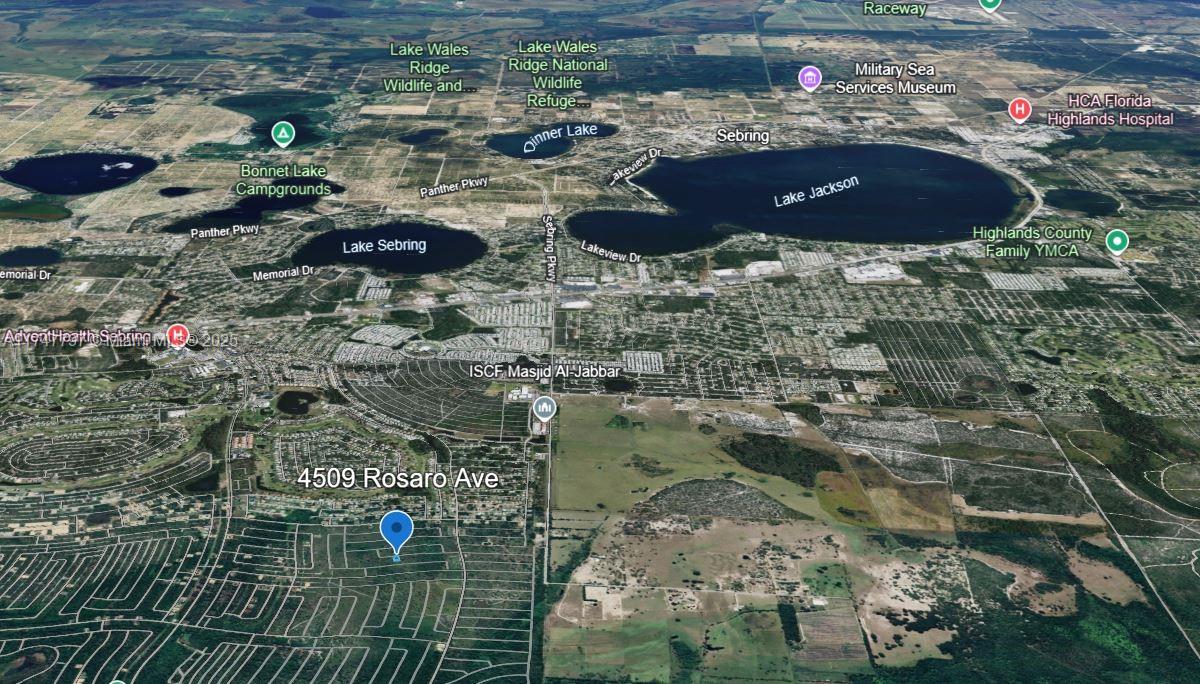 This is an aerial map view showing residential neighborhoods, lakes, and landmarks in Sebring, Florida — 4509 Rosaro Ave, Sebring FL 33872, SEBRING, FL