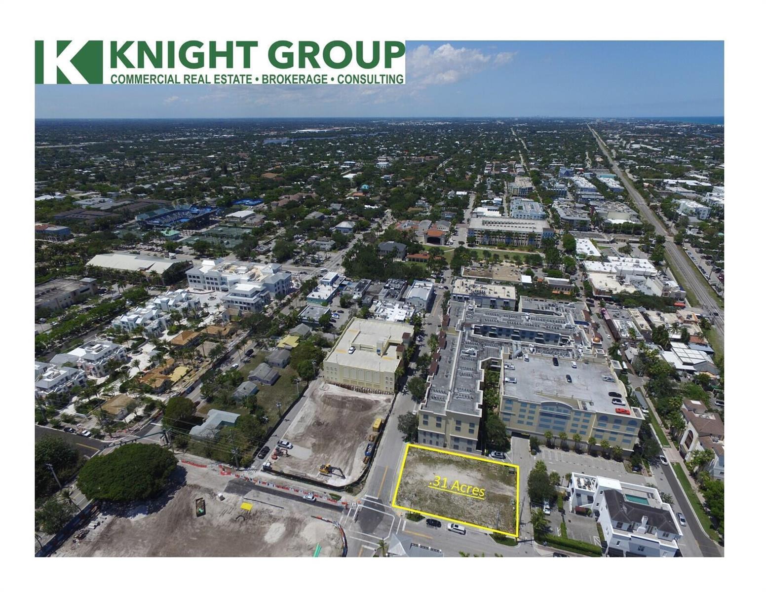 An aerial view shows a vacant rectangular lot outlined in yellow labeled .31 acres — 101 SE 1st Street, Delray Beach FL 33444, DELRAY BEACH, FL
