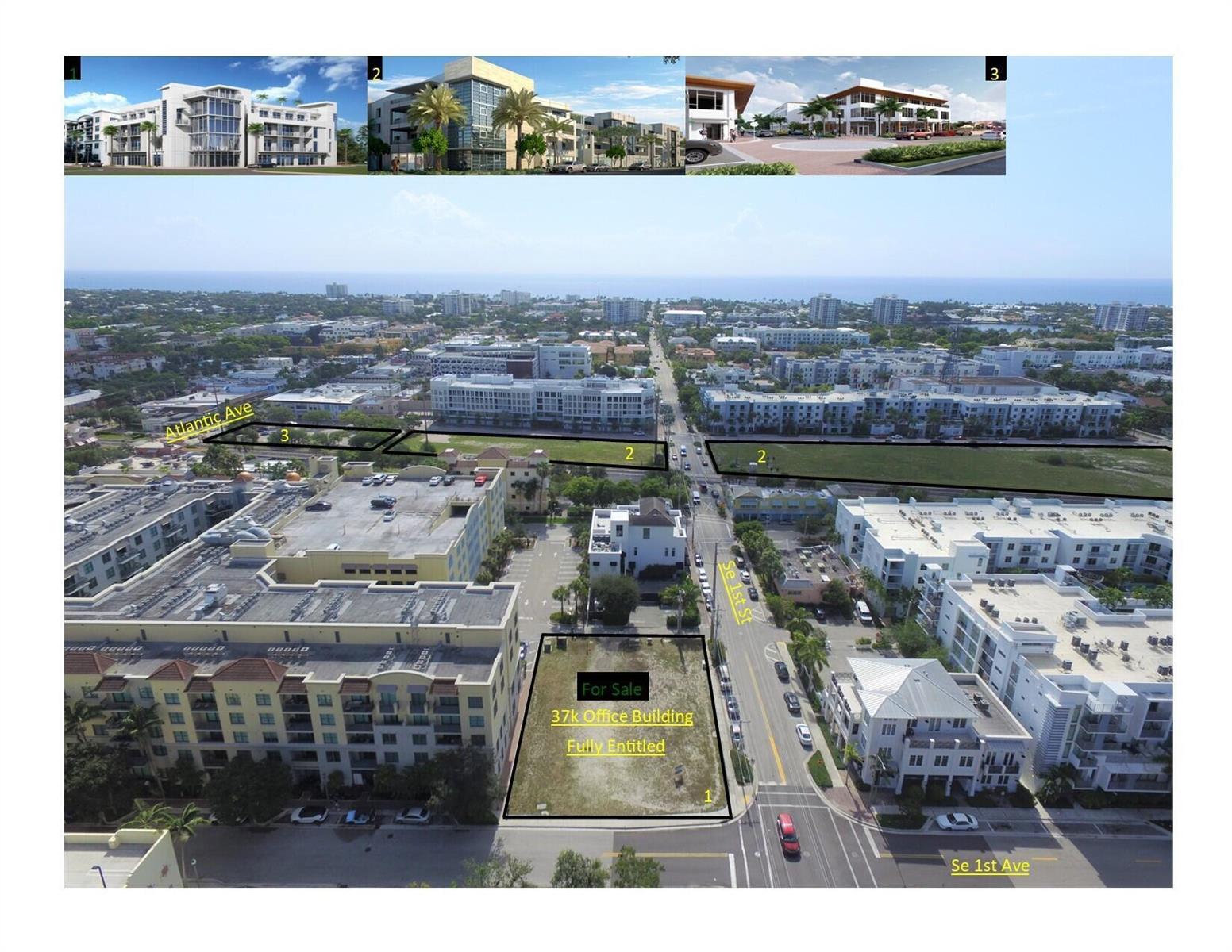 An aerial view shows a vacant lot for sale alongside renderings of proposed building developments — 101 SE 1st Street, Delray Beach FL 33444, DELRAY BEACH, FL