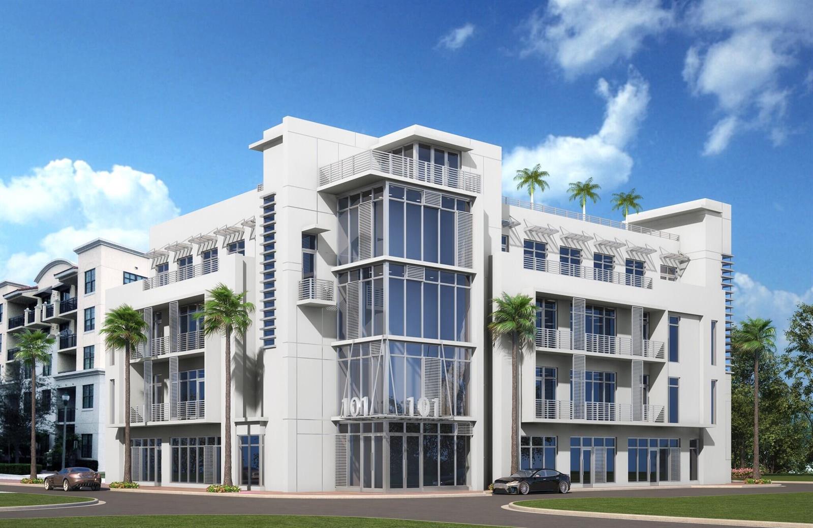 A digital rendering of a modern white multi-story commercial building with glass corner windows — 101 SE 1st Street, Delray Beach FL 33444, DELRAY BEACH, FL