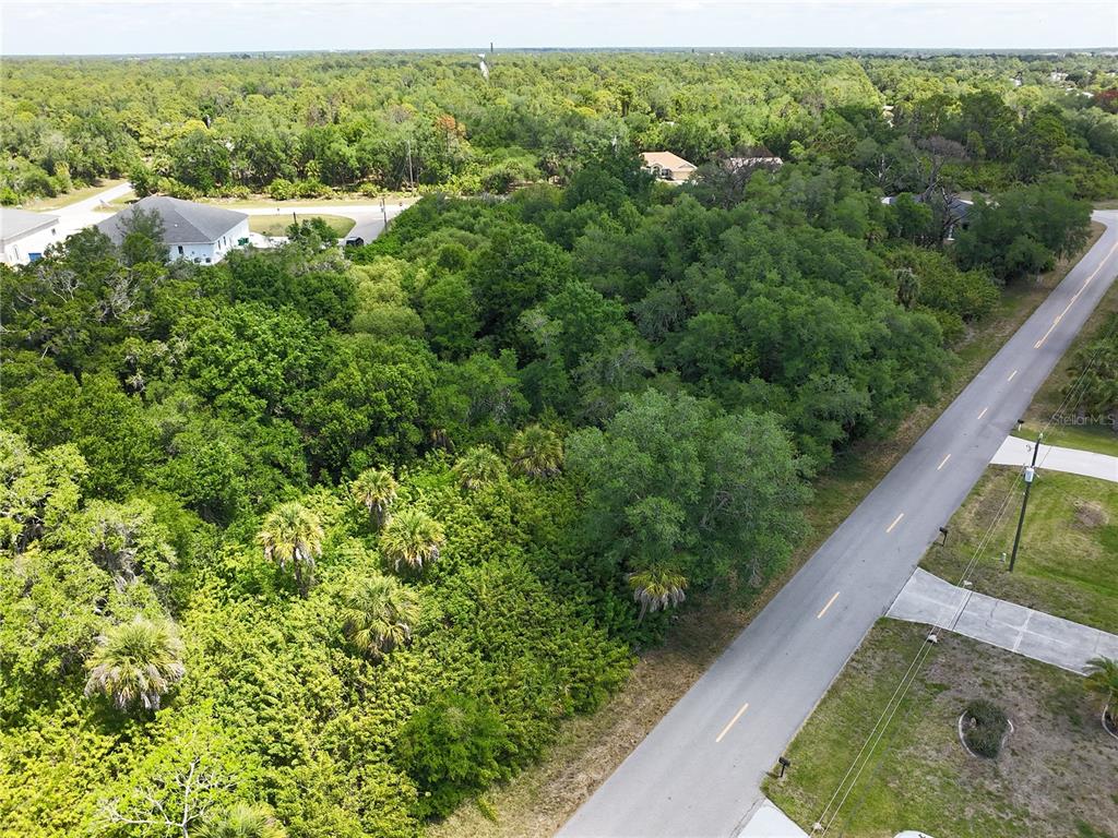 An aerial view shows a wooded, undeveloped residential lot adjacent to a paved road — 1181 EPPINGER DRIVE, PORT CHARLOTTE, FL