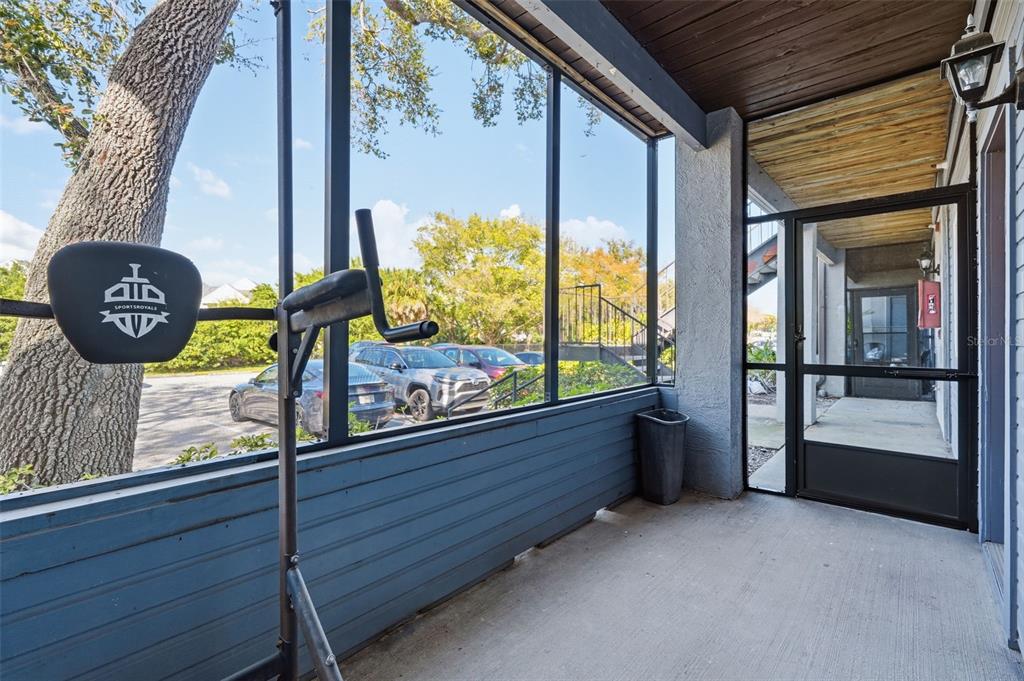 A screened-in porch features a concrete floor, a pull-up bar, and a view of parked cars — 10265 GANDY BOULEVARD N UNIT 1415, ST PETERSBURG, FL