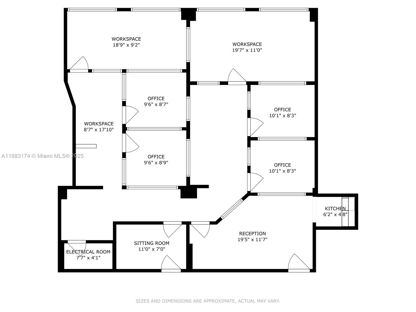 This is a floor plan showing the layout of an office space with multiple rooms — 7950 NW 53rd St # 332, Doral FL 33166, DORAL, FL