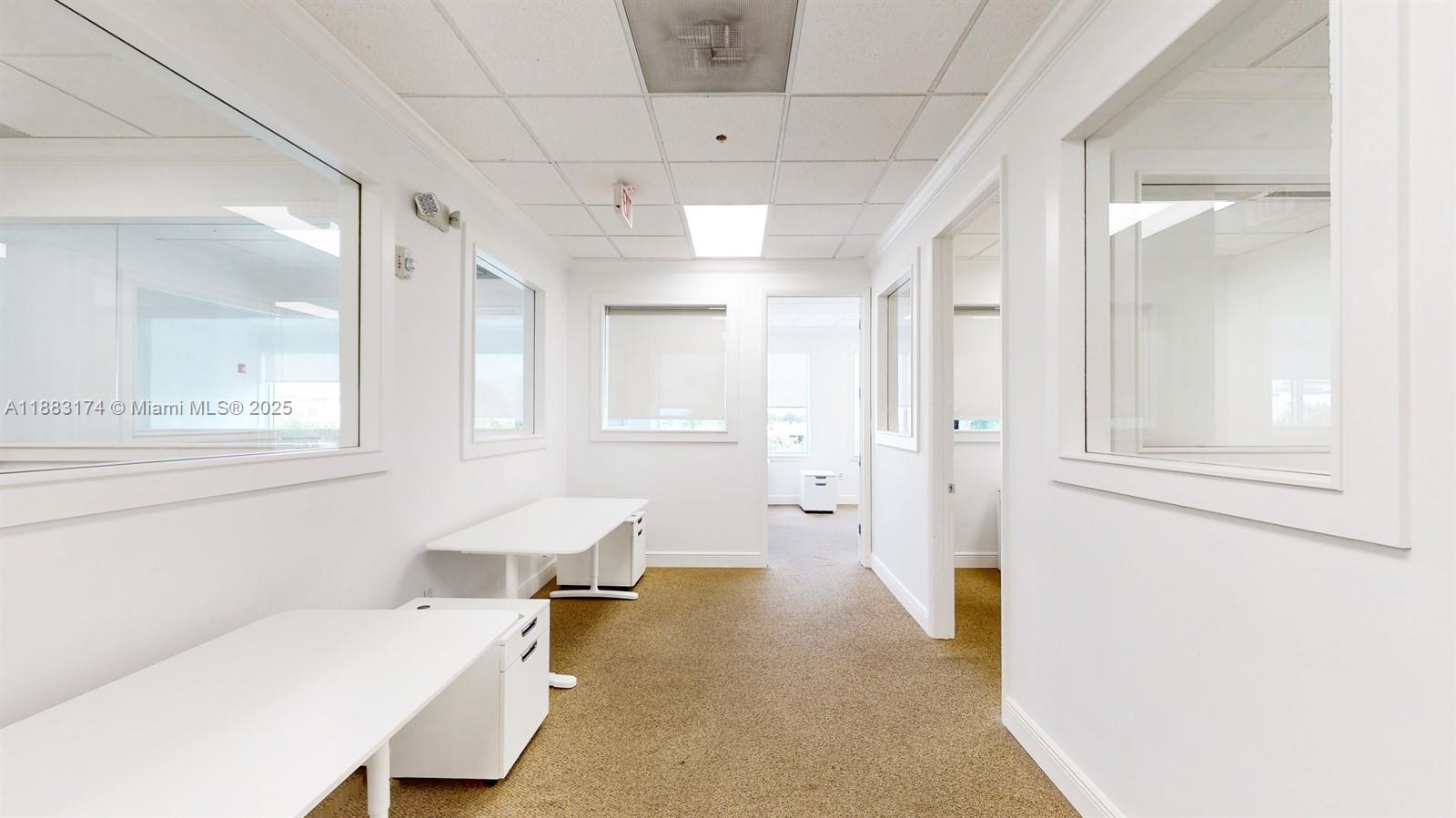 A bright office hallway features white walls, carpeted flooring, and several glass-paneled interior windows — 7950 NW 53rd St # 332, Doral FL 33166, DORAL, FL