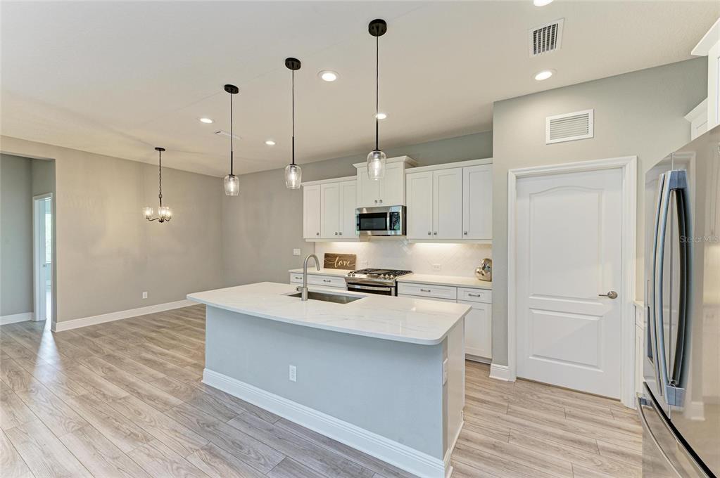 A kitchen features white cabinets, a quartz-topped island, stainless steel appliances, and wood-look flooring — 2802 BUTTERFLY JASMINE TRAIL, SARASOTA, FL