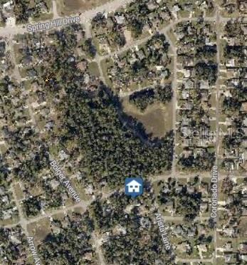 This is an aerial map view showing a residential neighborhood with a highlighted property location — 2263 ARISTA LANE, SPRING HILL, FL