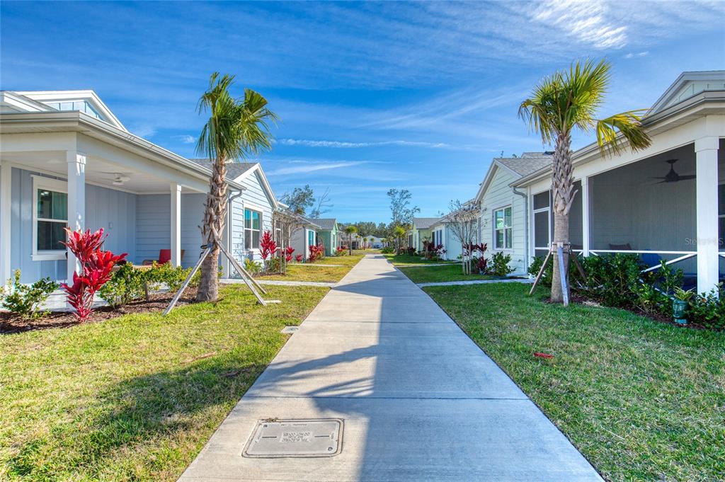 A concrete walkway leads between two rows of single-story houses with front porches and palms — 198 GYPSY PALACE LANE, DAYTONA BEACH, FL