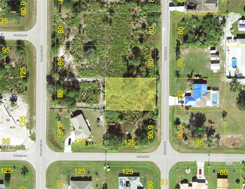 This is a satellite map showing a highlighted vacant residential lot in a suburban neighborhood — 189 STRASBURG DRIVE, PORT CHARLOTTE, FL