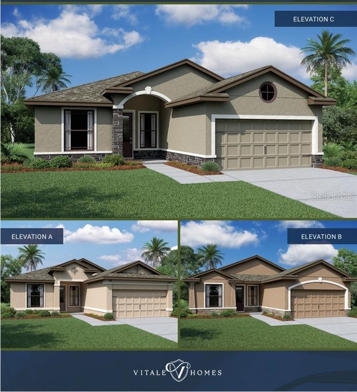 A rendering showing three different exterior elevation options for a single-story residential home — 8252 NIGHTINGALE ROAD, WEEKI WACHEE, FL