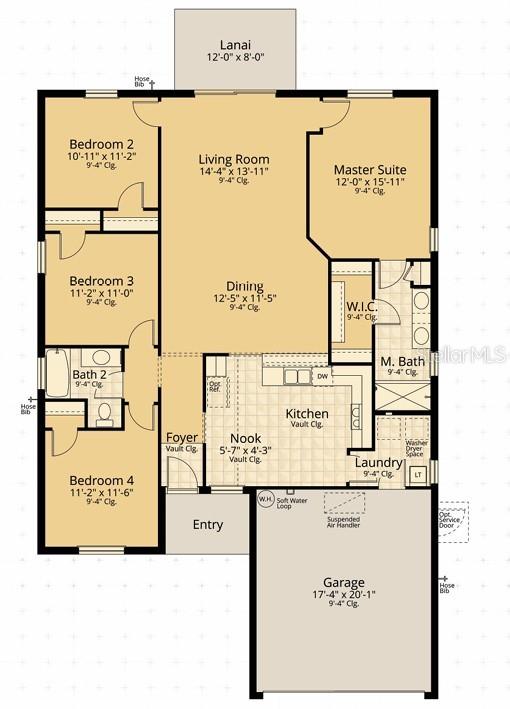 This floor plan shows a four-bedroom, two-bathroom home with an attached garage and rear lanai — 8252 NIGHTINGALE ROAD, WEEKI WACHEE, FL