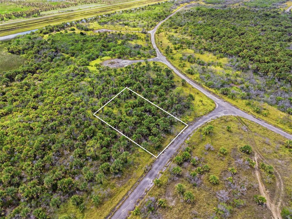 An aerial view shows a rectangular plot of land surrounded by trees and paved roads — 2806 FLAMEFLOWER TERRACE SW, PALM BAY, FL