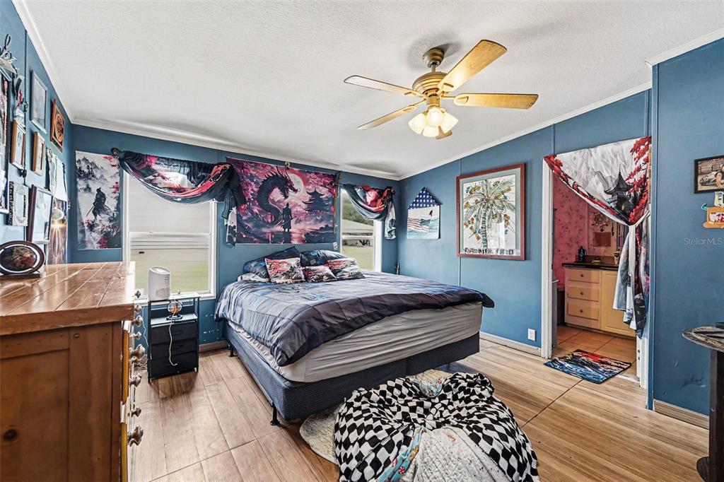 A bedroom with blue walls, wood-look flooring, a ceiling fan, and a bed with dragon decor — 38030 LAWANDA LOOP, ZEPHYRHILLS, FL