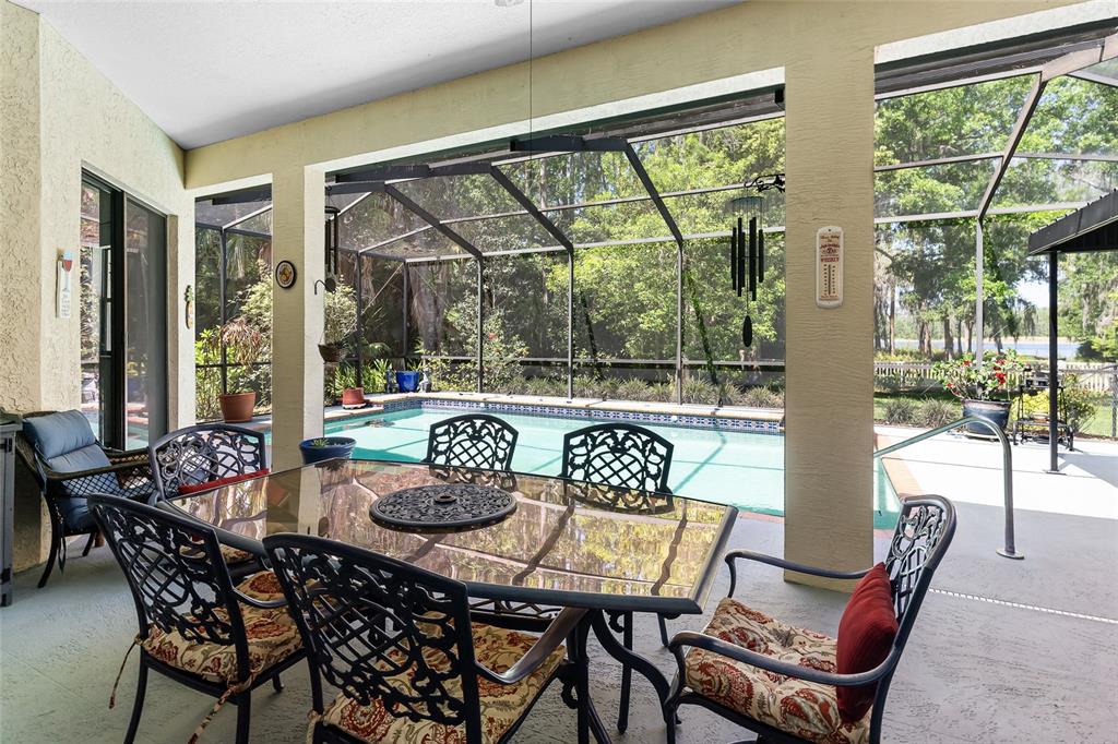 A covered patio features a dining set overlooking a screened-in swimming pool and backyard — 1012 KINGSBOROUGH GARDENS COURT, LUTZ, FL