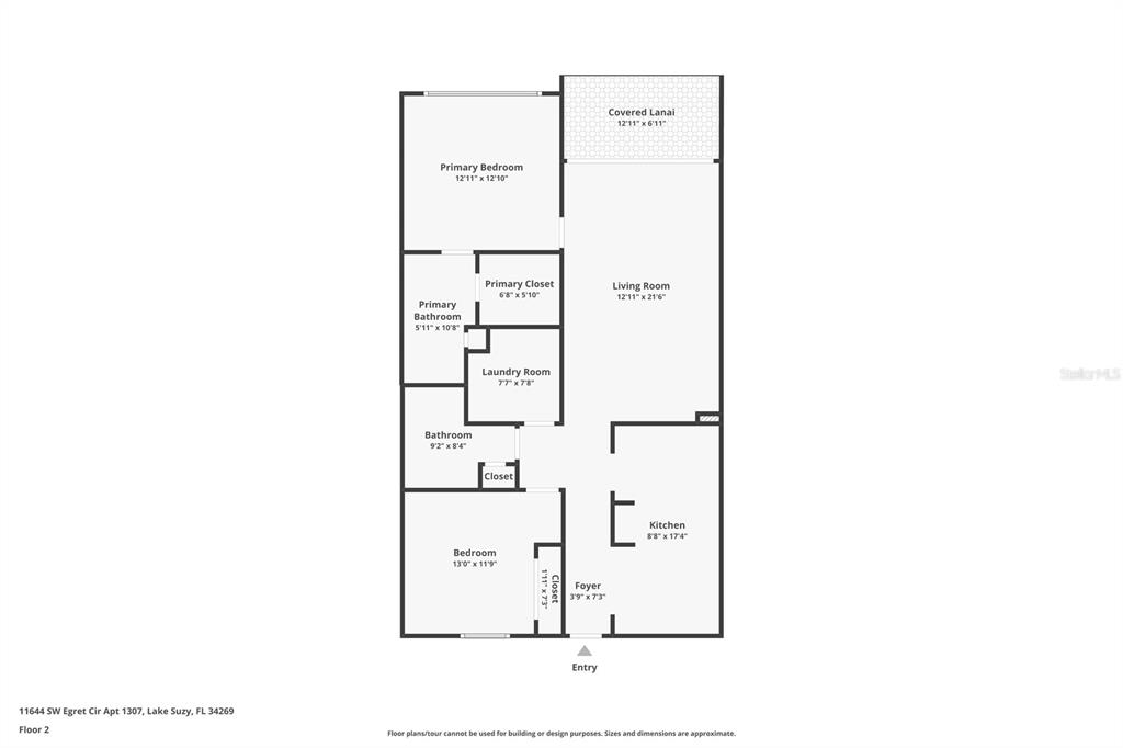 This is a floor plan of a two-bedroom apartment with a covered lanai — 11644 SW EGRET CIRCLE UNIT 1307, LAKE SUZY, FL