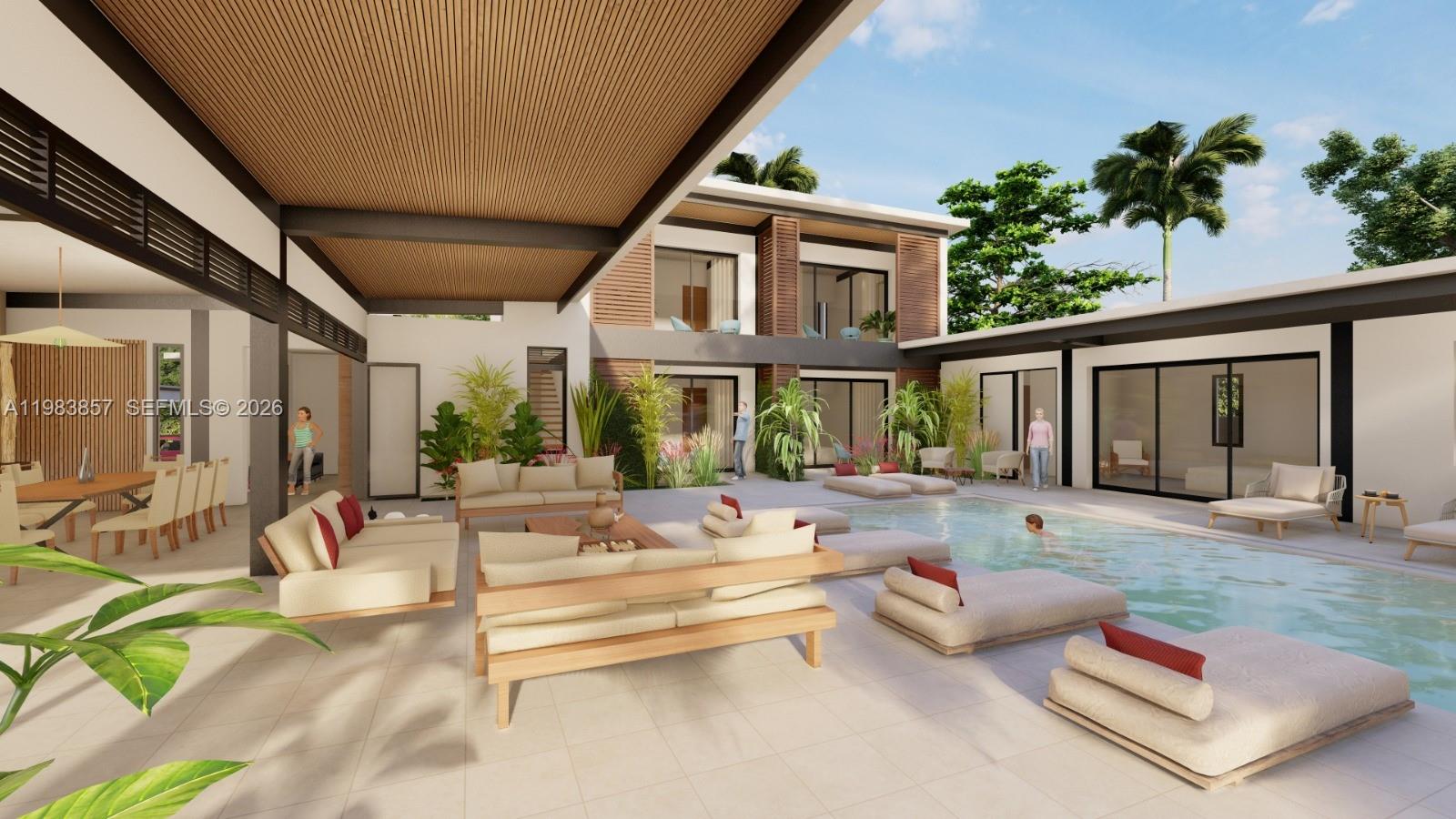 This architectural rendering shows a modern courtyard with a swimming pool and outdoor lounge furniture — 000 8C7J+863 Las Terrenas, Dominican Republic, FL 3200, FL