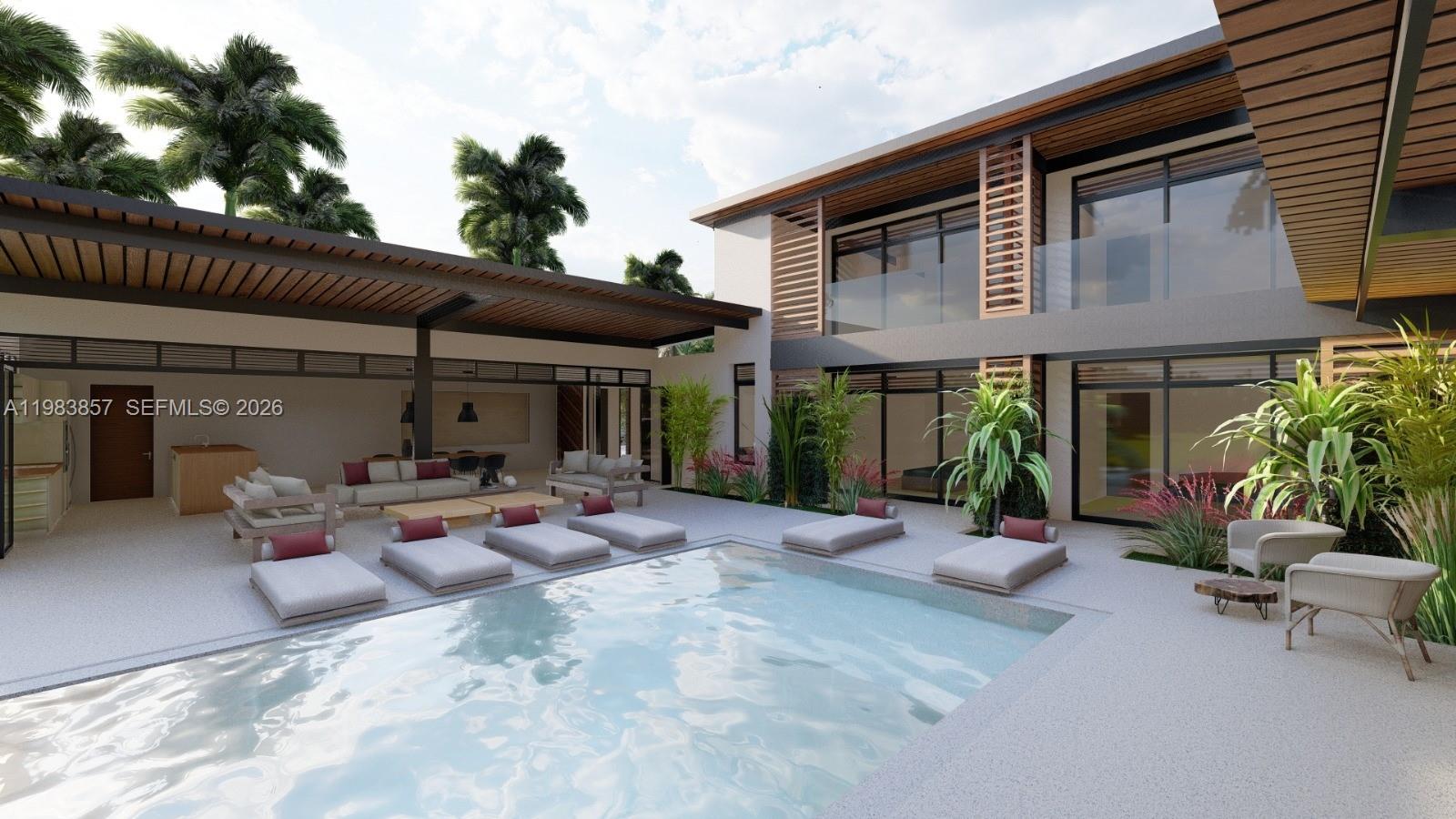 This architectural rendering shows a modern house exterior with a swimming pool and patio area — 000 8C7J+863 Las Terrenas, Dominican Republic, FL 3200, FL