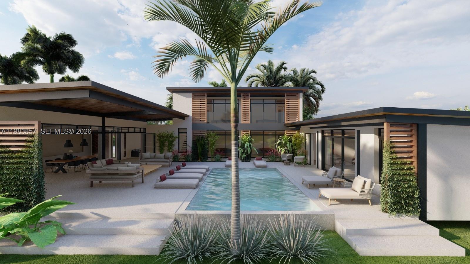 This architectural rendering shows a modern home with a central pool and outdoor lounge area — 000 8C7J+863 Las Terrenas, Dominican Republic, FL 3200, FL