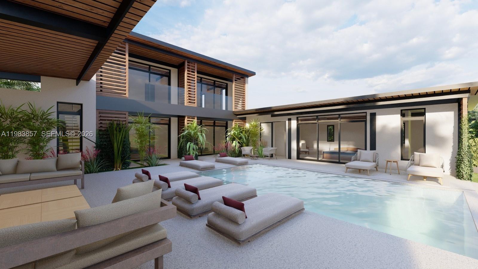 This architectural rendering shows a modern home exterior with a swimming pool and lounge chairs — 000 8C7J+863 Las Terrenas, Dominican Republic, FL 3200, FL