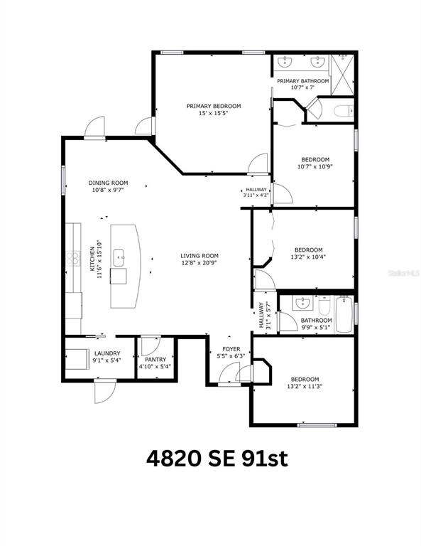 This is a floor plan showing a four-bedroom, two-bathroom home with an open living area — 4820 SE 91ST PLACE, OCALA, FL
