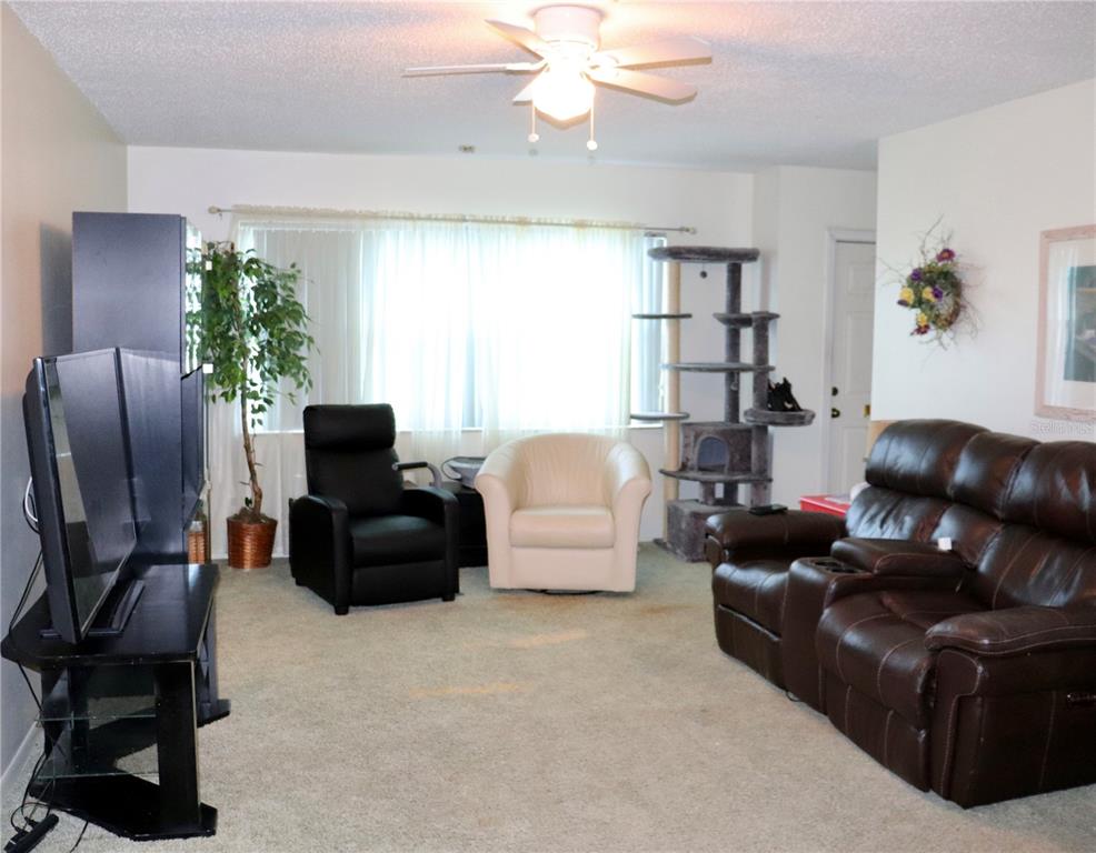 A living room features a brown leather sofa, two armchairs, a television, and a cat tree — 6990 VERSAILLES N UNIT 6990, PINELLAS PARK, FL