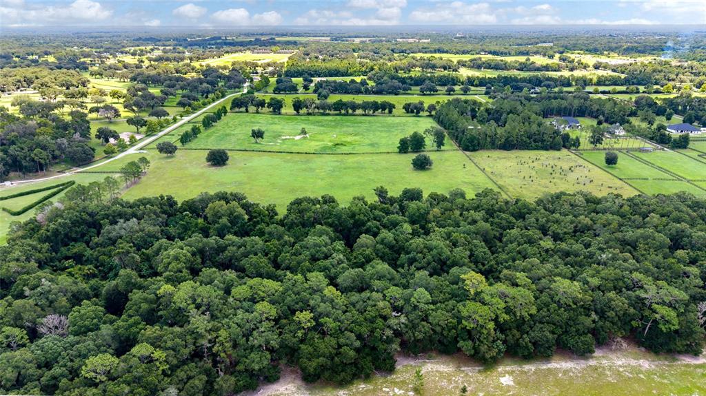 An aerial view shows a large, grassy pasture bordered by dense woods and rural properties — SE 159TH LN., SUMMERFIELD, FL