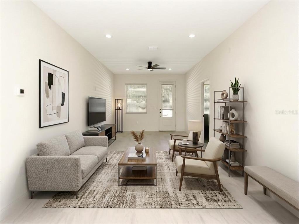 This is a digital rendering of a modern living room with neutral furniture and decor — 2060 DIXIE AVENUE, SANFORD, FL