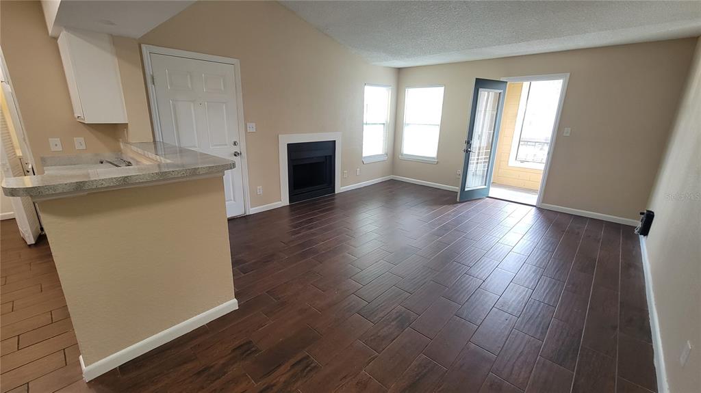 A living room features dark wood-look tile flooring, a fireplace, and a glass door — 5600 DEVONBRIAR WAY UNIT N202, ORLANDO, FL