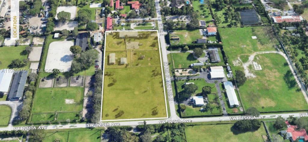 This aerial view shows a rectangular plot of land outlined in white with several structures — 6375 SW 125th Ave, Miami FL 33183, MIAMI, FL