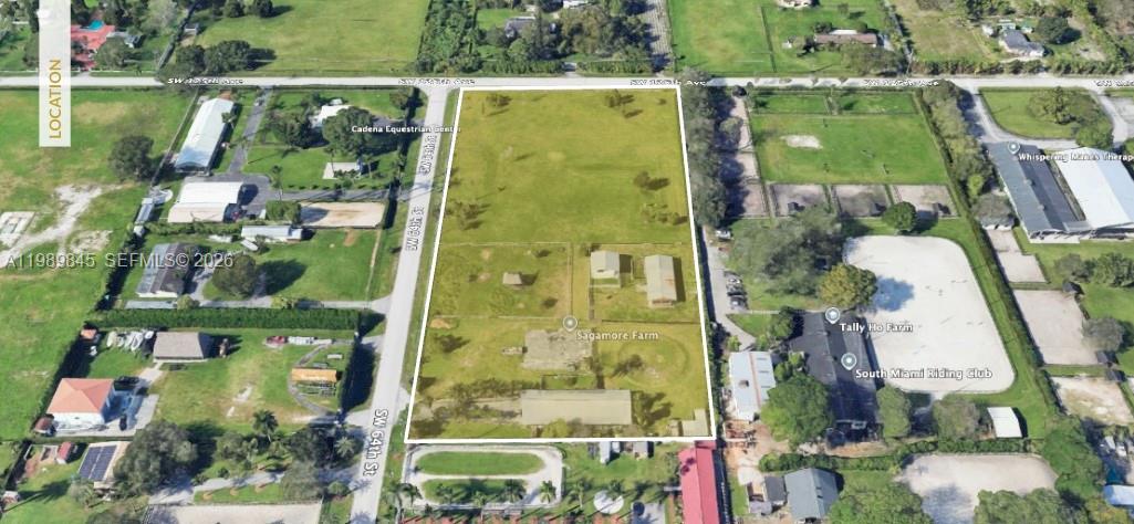 This aerial map shows a rectangular plot of land labeled Sagamore Farm with several structures — 6375 SW 125th Ave, Miami FL 33183, MIAMI, FL