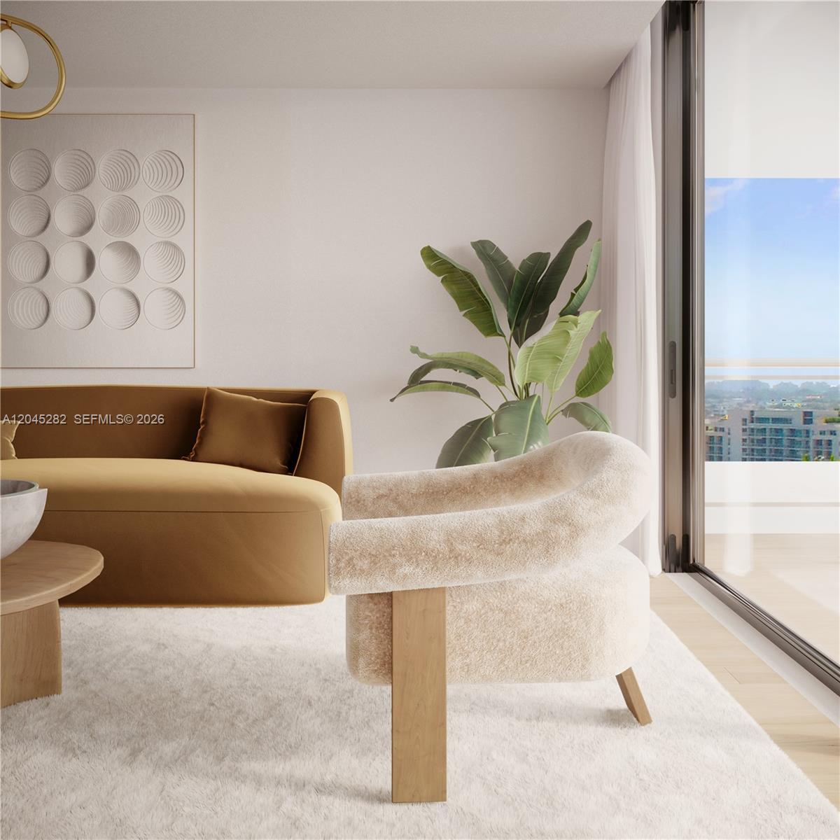 This rendering shows a modern living room featuring a tan sofa, fuzzy chair, and plant — 90 NE st 32nd st # 906, Miami FL 33127, MIAMI, FL