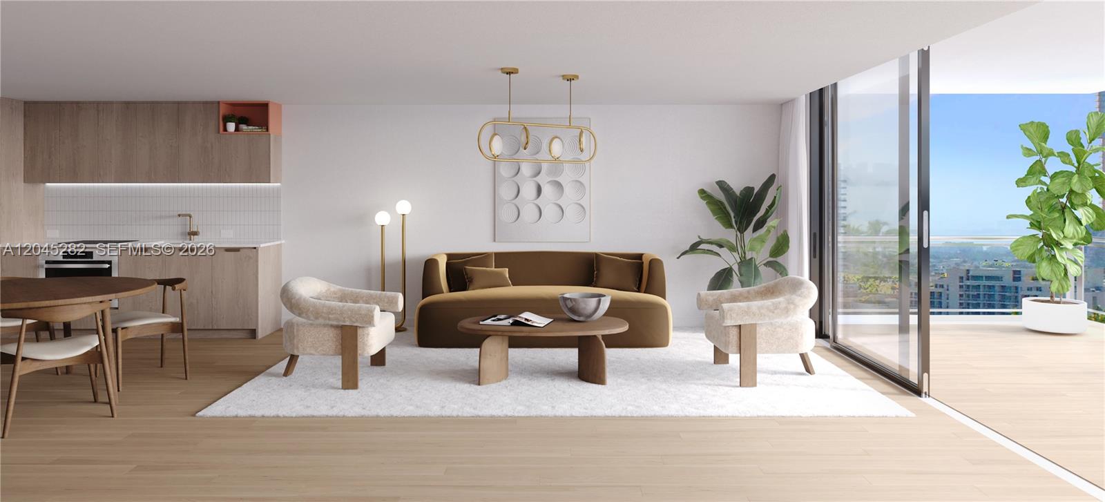 This is a digital rendering of a modern living room with a brown sofa — 90 NE st 32nd st # 906, Miami FL 33127, MIAMI, FL