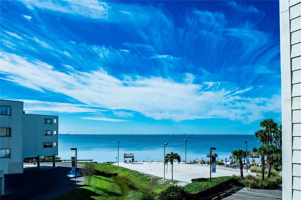 An exterior view of a beach area with palm trees and a building by the water — 2506 N ROCKY POINT DRIVE UNIT 301, TAMPA, FL