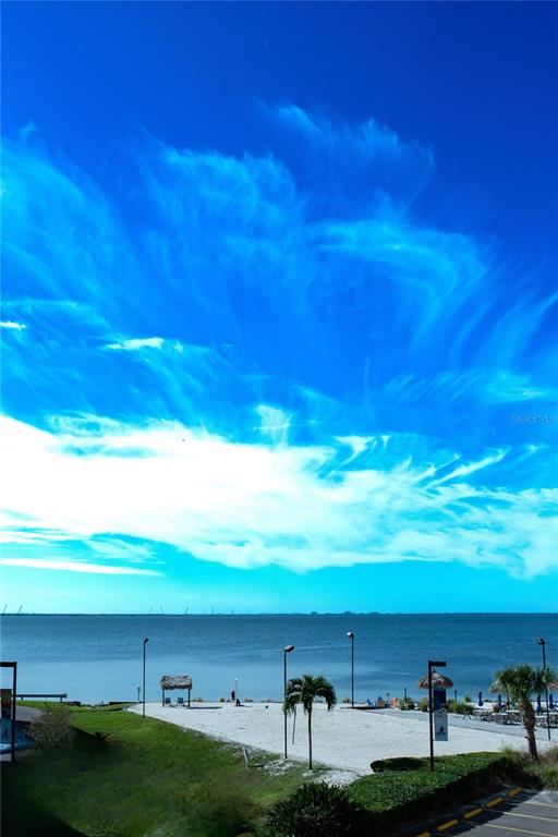 A view of a sandy beach area with palm trees overlooking a calm body of water — 2506 N ROCKY POINT DRIVE UNIT 301, TAMPA, FL