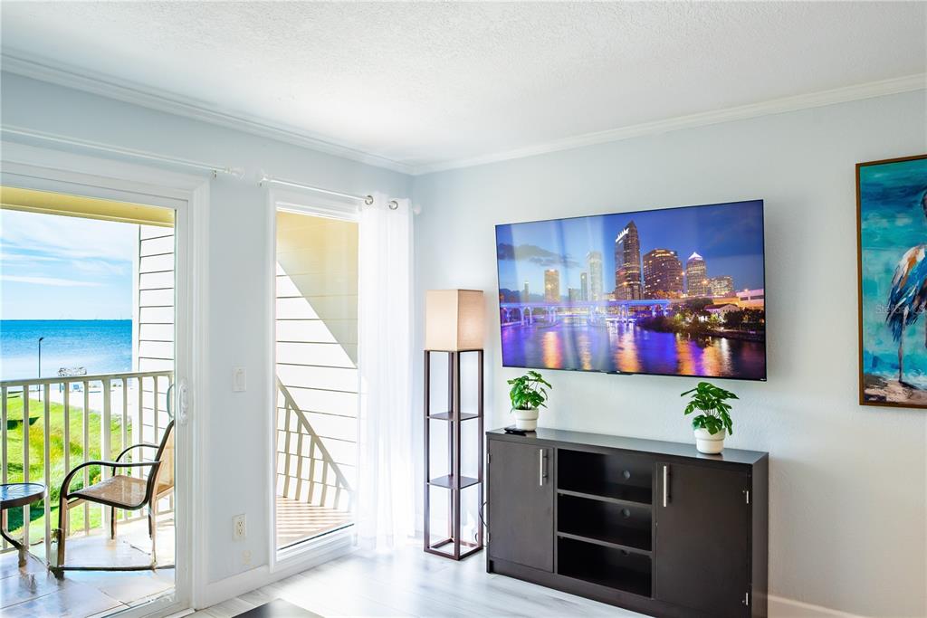 A living room features a wall-mounted television, a dark media console, and a balcony view — 2506 N ROCKY POINT DRIVE UNIT 301, TAMPA, FL