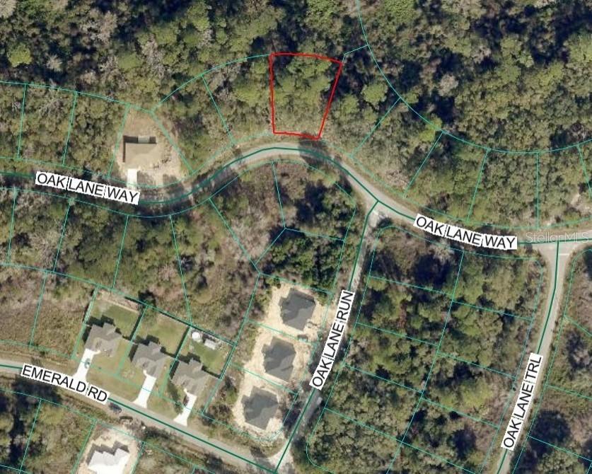 This is an aerial map showing a vacant, wooded residential lot outlined in red — TBD OAK LANE WAY, OCALA, FL