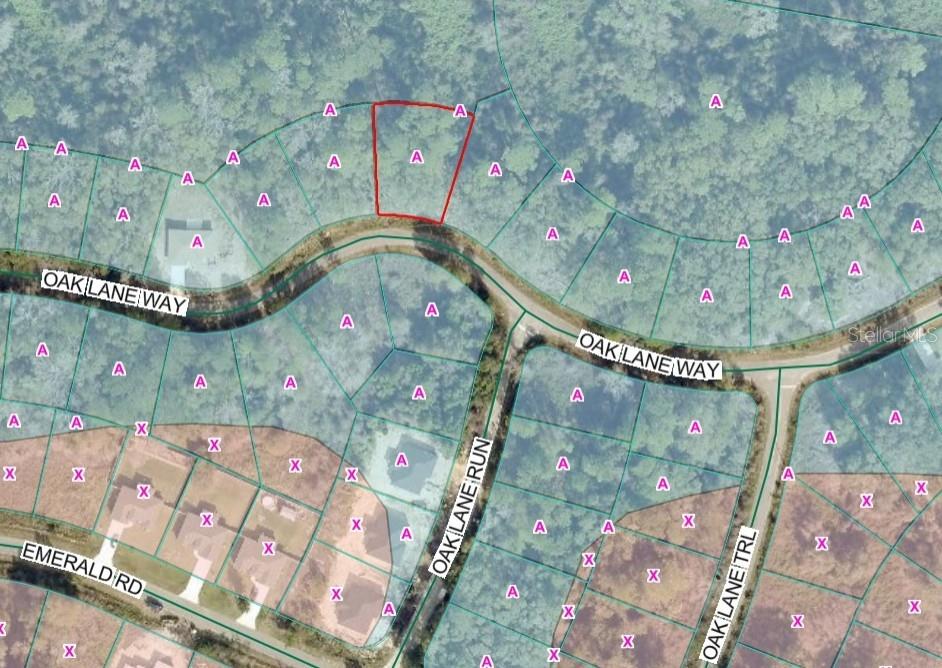This is a satellite map showing residential land parcels and street layouts — TBD OAK LANE WAY, OCALA, FL